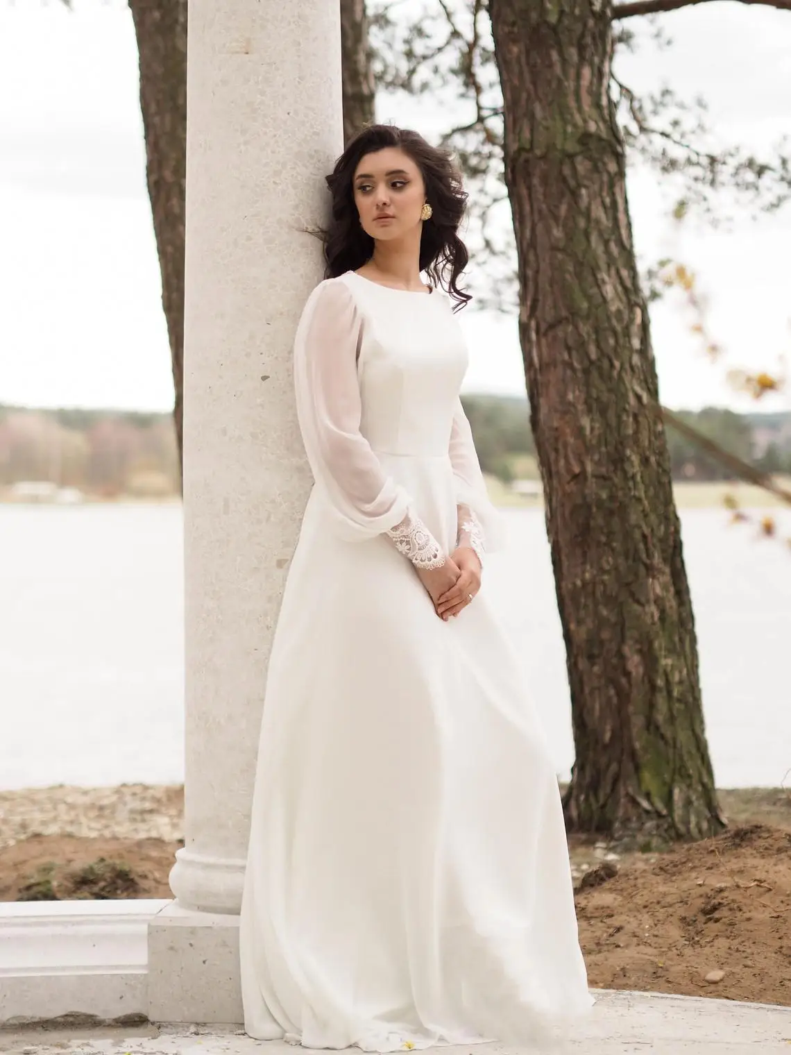 

Simple Elegant Chiffon Wedding Dress Lace Long Sleeves A-Line Open Back Boat Neck Custom Made 2021 Bridal Gown Vestido De Noiva