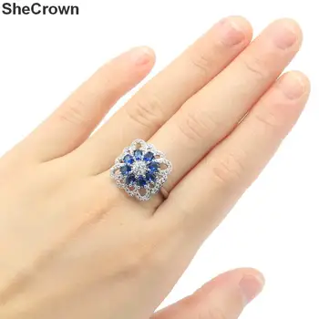 

18x18mm SheCrown Pretty Created Tanzanite White CZ Gift For Ladies Wedding Silver Rings