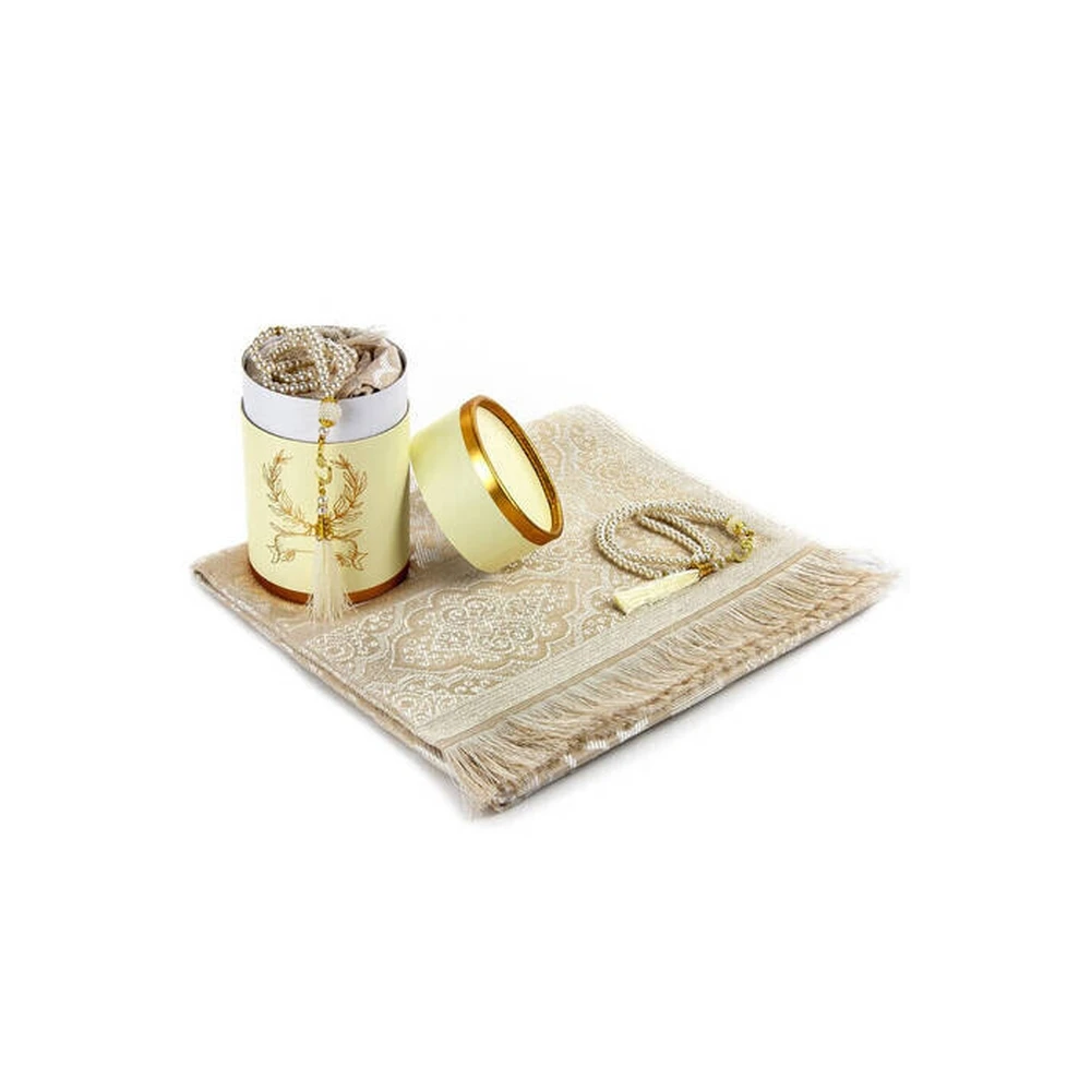 

Custom Cylinder Box Set With IQRAH Seccaddy and Pearl Rosary Set Cream Color