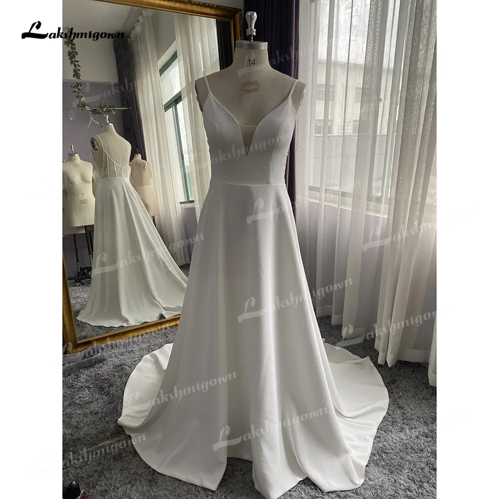 Simple A-Line Soft Satin Wedding Dresses 2021 V-Neck Sleeveless Lace Spaghetti Straps Hidden Skirt Pockets Backless Bride Gown