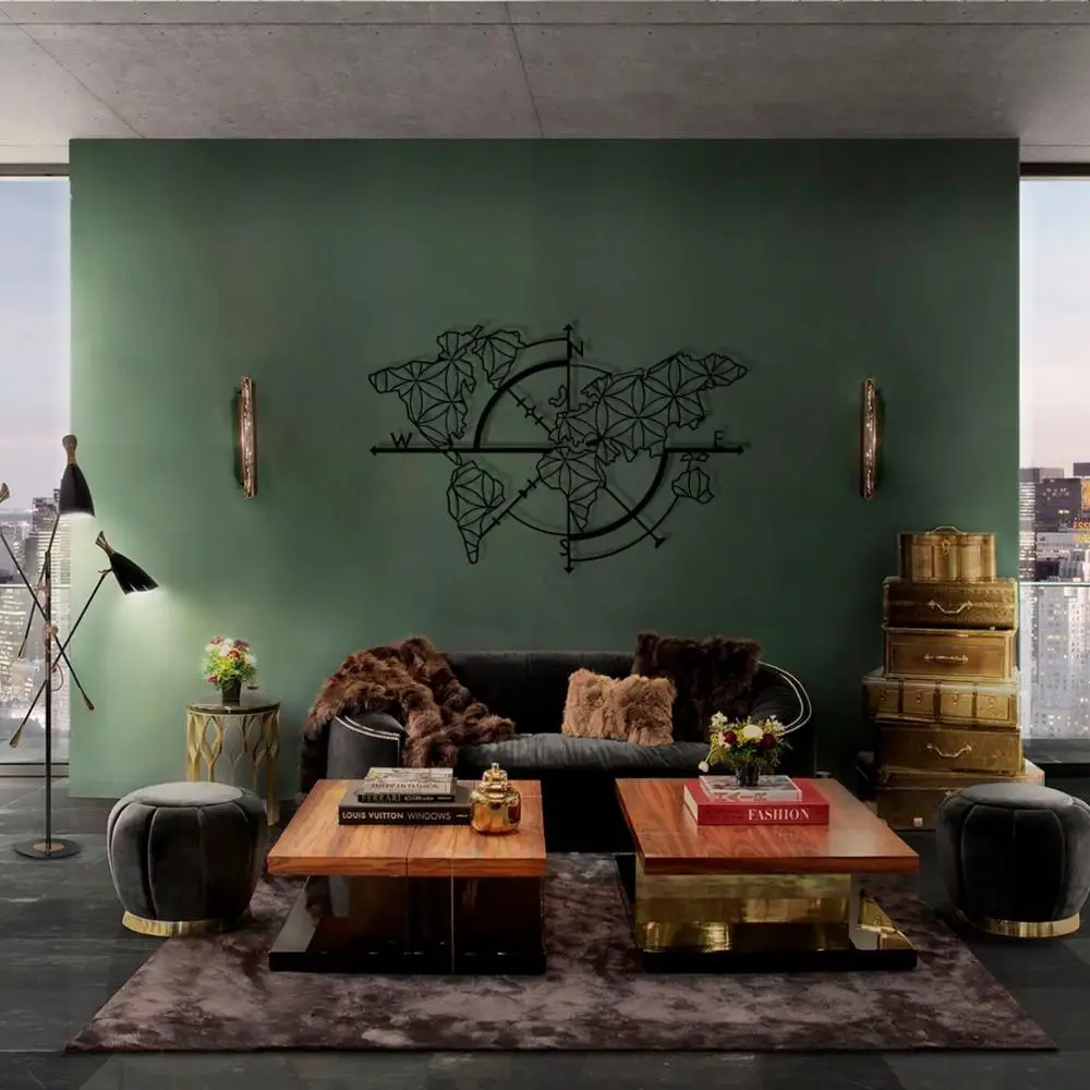 BAUPOR Metal World Map Wall Art Compass World Map 3D Wall Silhouette Metal Wall Decor Home Office Bedroom Living Room Decoration
