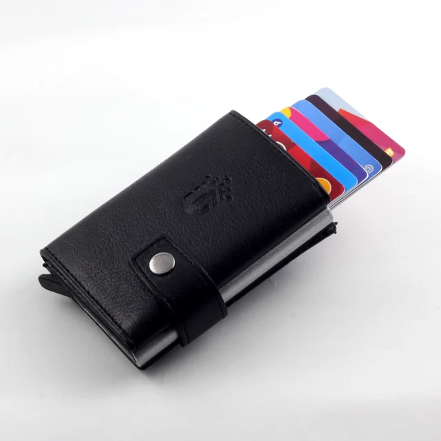 Smart Wallet Business Card Holder Real Cow Leather Handmade Smart Automatic Card Holder Men Gift Hasp Black
