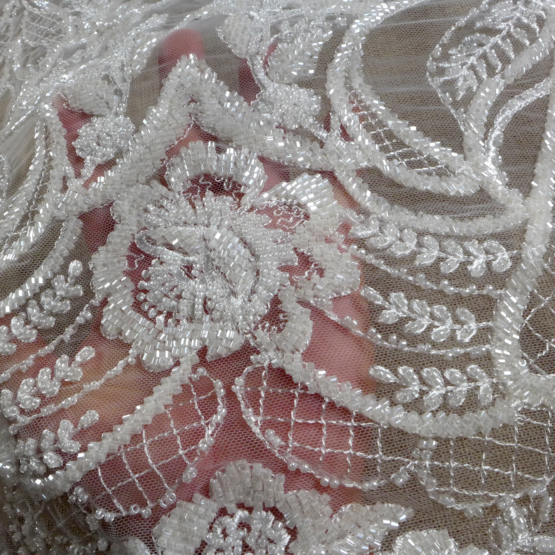 1 Yard White Bridal Fabric, Sequins Beads Embroidery Wedding Dress Lace