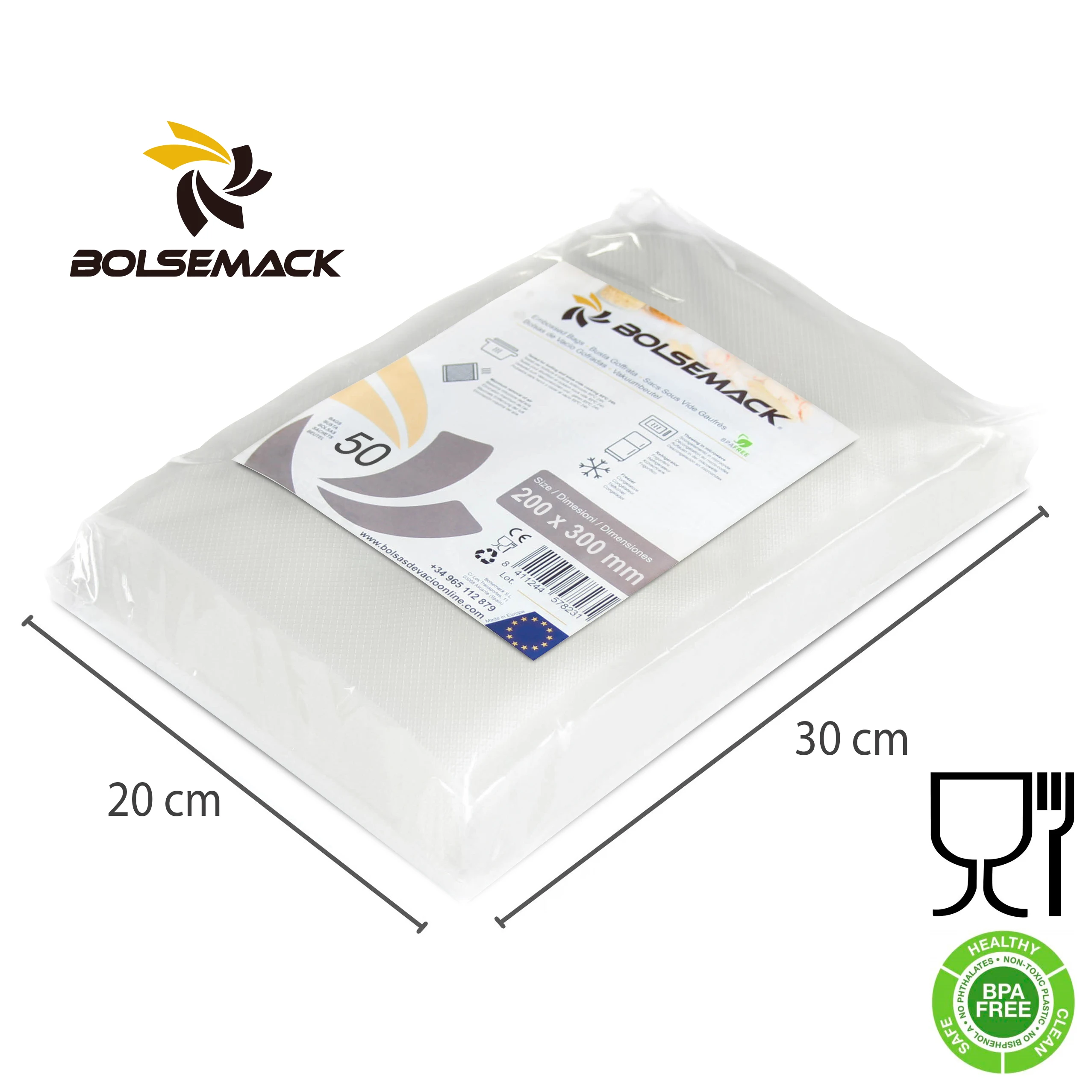 Bolsas para envasado al vacio de alimentos 200x300 mm (20x30 cm) gofrada (50 unidades) Para todo tipo de envasadora doméstica