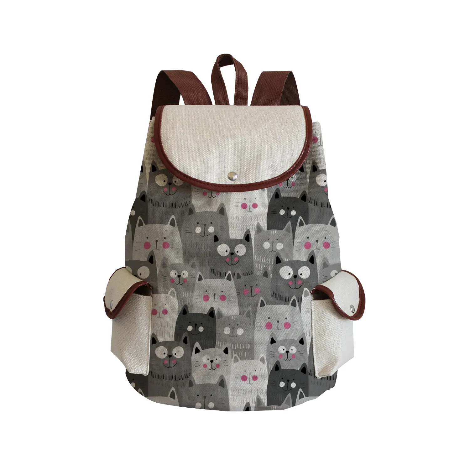 Cute Cartoon Cat Print Women Casual Bag Linen Fabric Book Bag Eco Storage Handbag Large Capacity Backpack Travel School Backpack 