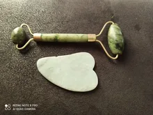 Gua Sha-Rodillo verde 2 en 1, conjunto de herramientas, masajeador, rascador de Jade Natural, con piedras para cara, cuello y espalda, 2 uds.
