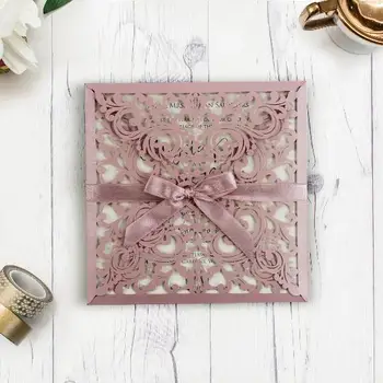 

50 or 100 pcs/set European Style Lace Wedding Invitations Cards Pink Color Laser Greeting Card Wedding Engagement Party Supplies