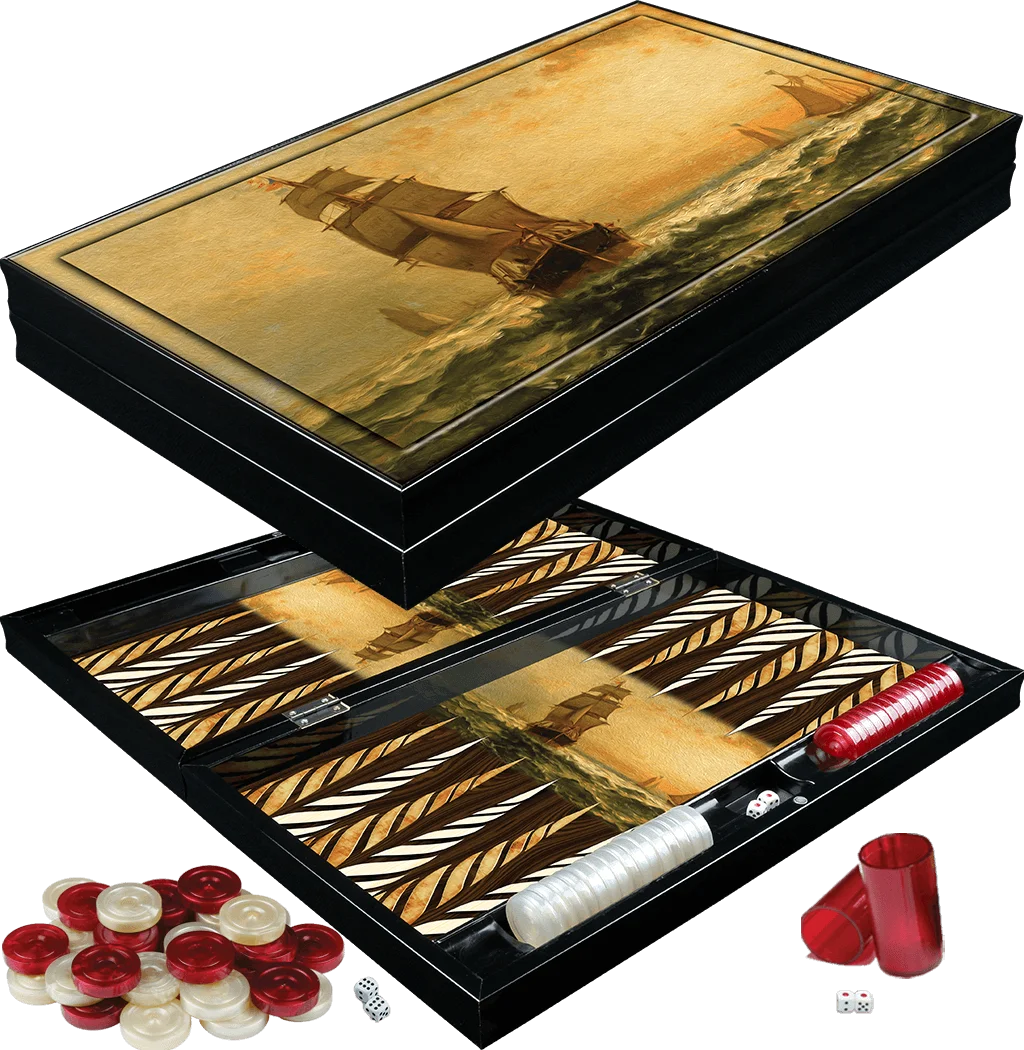 

Backgammon Luxury Board Wooden Set XXL A+ QUALITY Polished Sunset Ships Pattern Checkers Family Party Adult Entertainment Games