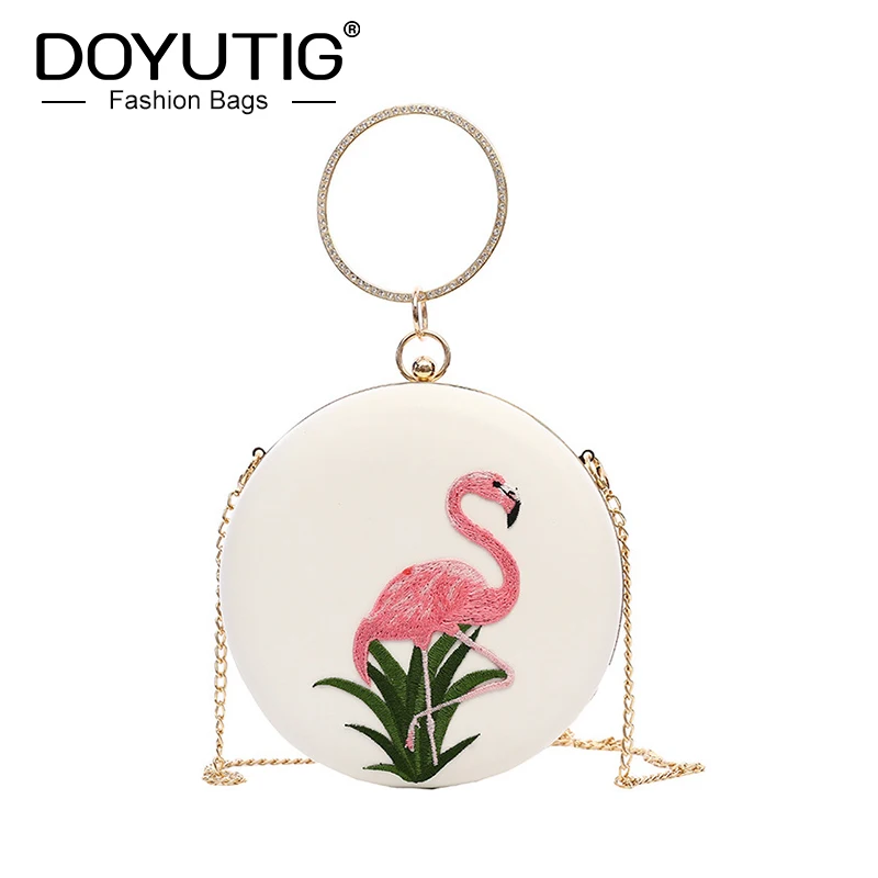 

DOYUTIG New Arrival Women's Flamingo Circle Evening Bags European Style Wedding Clutches Lady Metale Chains Crossbody Bags A246