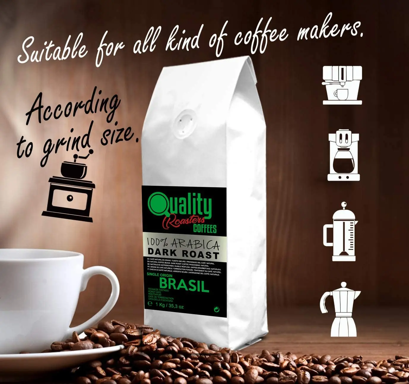 Café en grano natural. Tueste Oscuro. 100% Arabica. Origen único Brasil, 1kg.