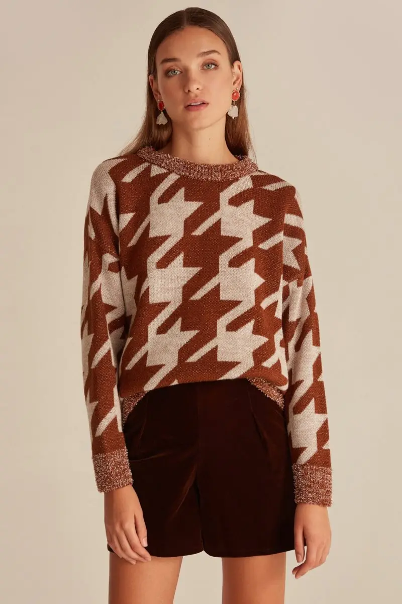 

Joinus Houndstooth Crew NecK Cardigan In Lurex Woman Brown