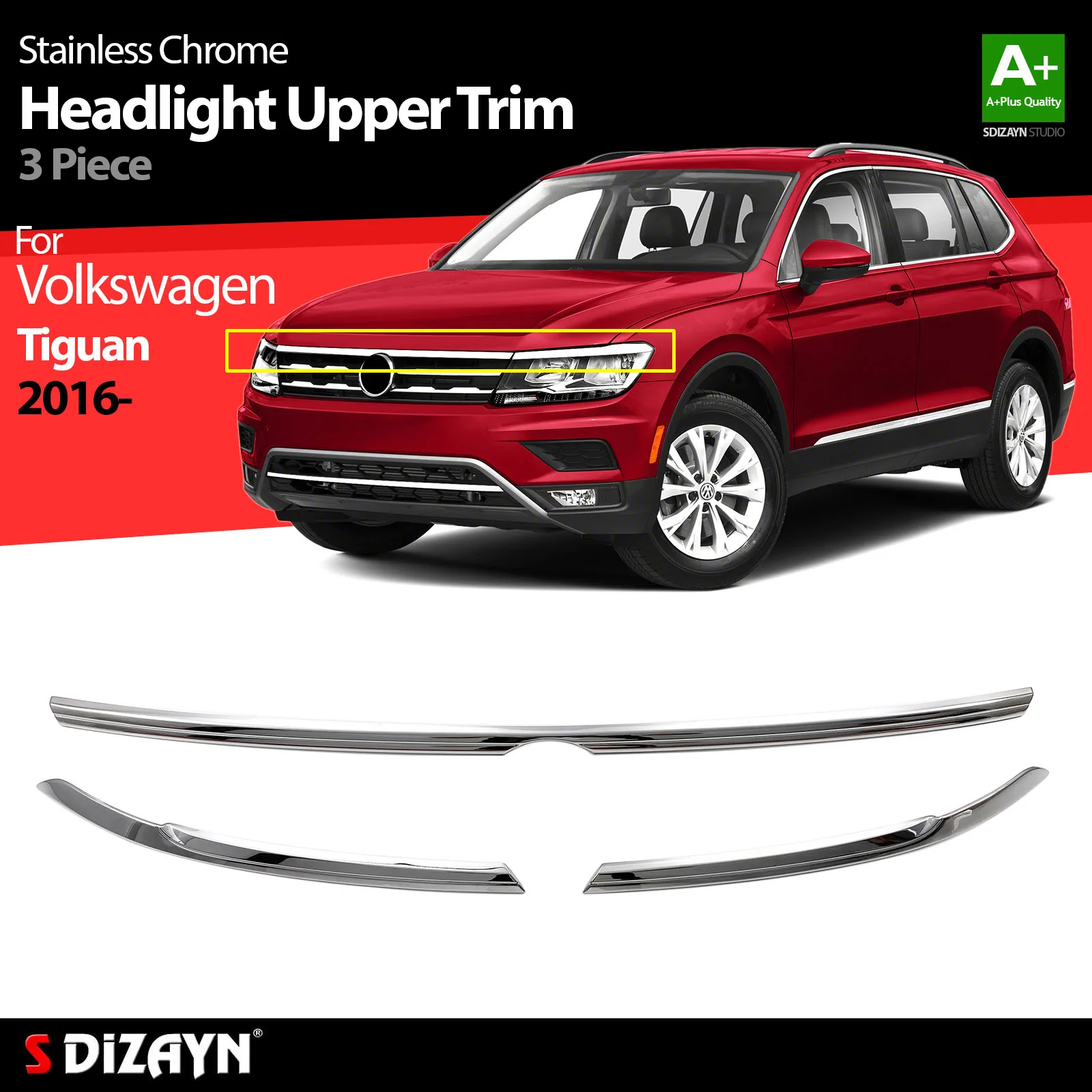 

S Dizayn For Volkswagen Tiguan Mk2 Chrome Headlight Upper Trim Stainless Steel 3 Pcs VW Exterior Parts Car Accessories Auto