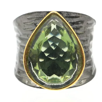 

19x15mm Bohemia Vintage Created 18x13mm Green Amethyst Gift For Ladies Black Gold Silver Rings