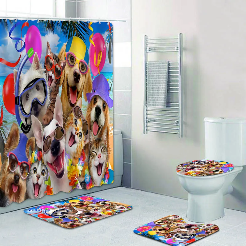 3d Funny Various Dog Shower Curtain Set Cute Dogs Beach Party Selfie