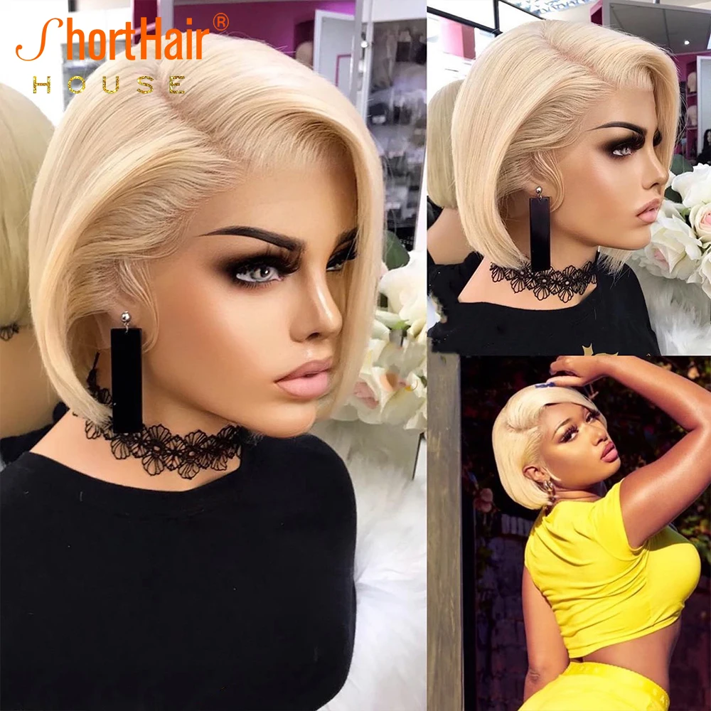 Pixie Cut Wig Human Hair Bob Wigs 613 Lace Frontal Wigs For Women Preplucked Brazilian Remy Hot Pink Color Natural Side Part Wig