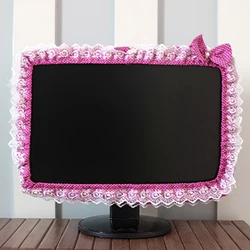 Elegant Lace Fabric Monitor Dust Cover with Elastic Pen Pocket and Decorative Bow - 17-22 inches (Rose red)