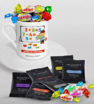 

Personalized Math Teacher Turkish coffee Cup Selamlique Mixed Turkish Coffee House and Haribo Candy Gift Seti-5
