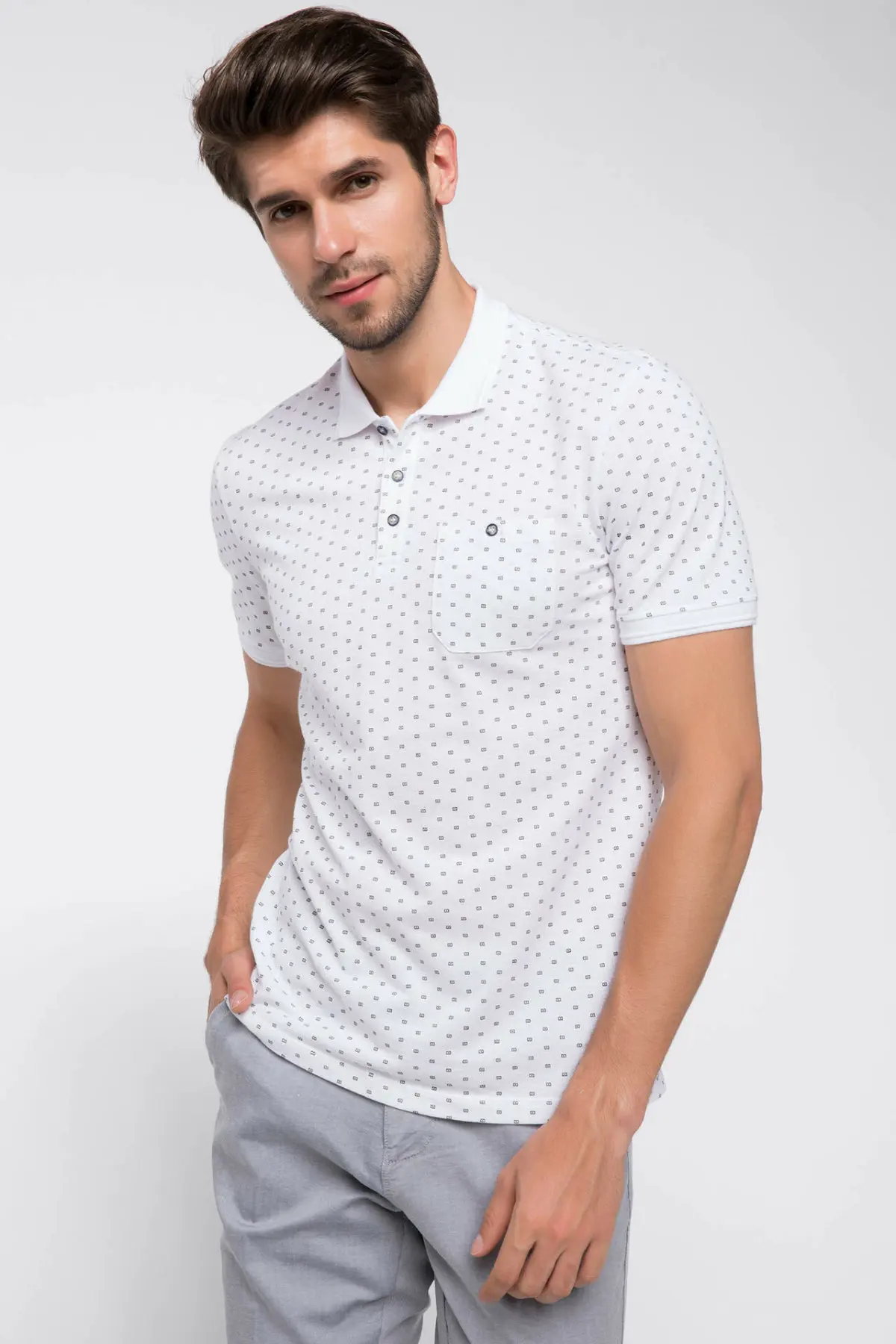 Дефакто мужская летняя белая синяя хлопковая рубашка в горошек с коротким рукавом, мужская Трикотажная рубашка поло, Топ Tees-H0935AZ18SM - Цвет: Белый