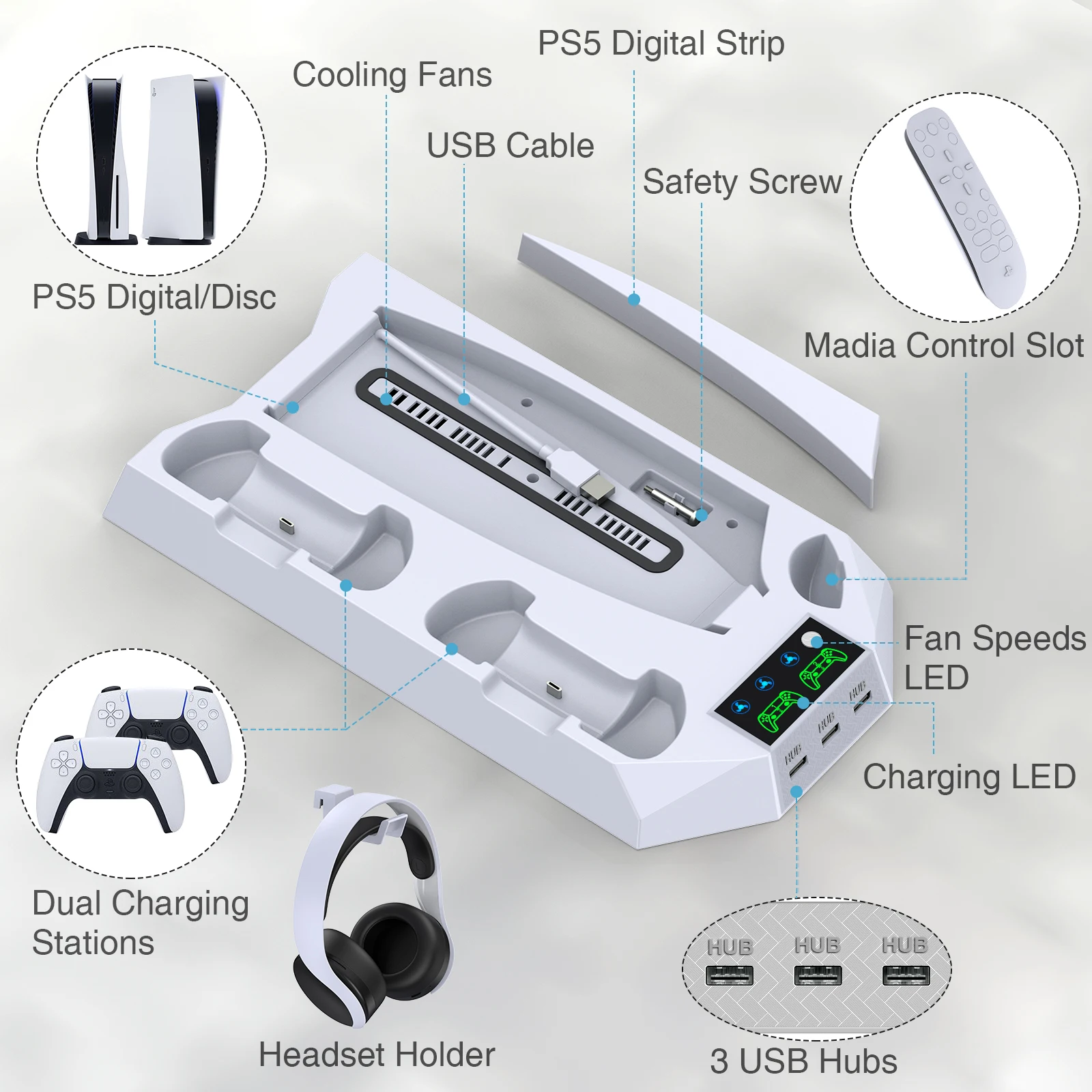 PS5 Stand Cooling Station for 2023 PS5 Slim,DinoFire PS5 Accessories with  Dual Controller Charging Station for PS5 Console-digital & disc  verdion,with Headset Holder,RGB Lights 