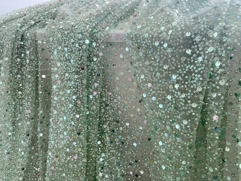 1 Yard Light Green Sparkle French Bead Lace Fabric With Sequins, Sequin Fabric For Dress, Couture, Costume