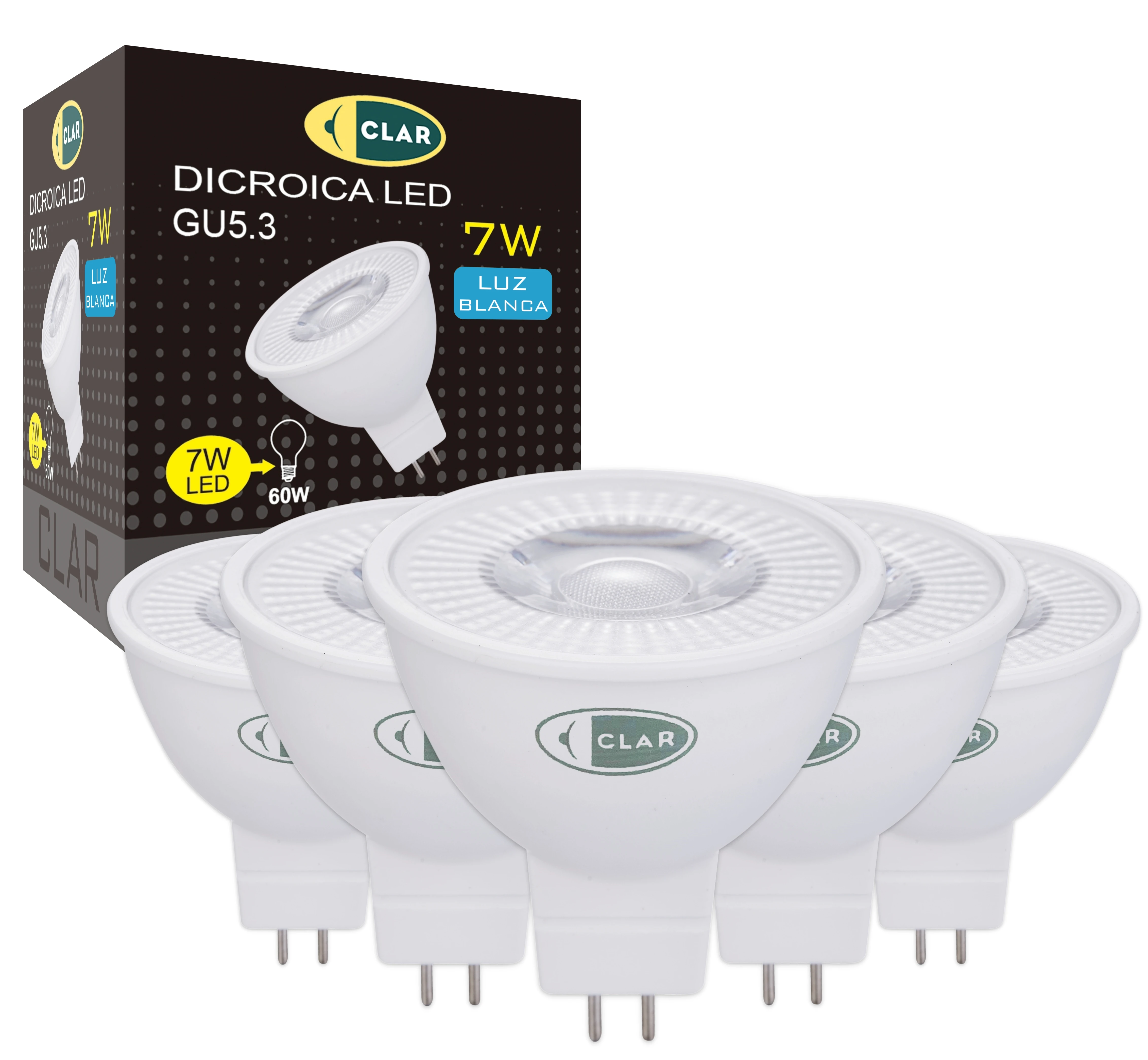 CLAR Bombilla LED 12V 7W, Halogenos LED, Bombillas LED GU5.3, MR16 LED, Equivalente a Halogena de 50W 60W, Bombilla led de Pinchos, Dicroica GU5.3, Blanco 6000ºK,Neutro 4000ºK y Frío 6000ºK(Pack
