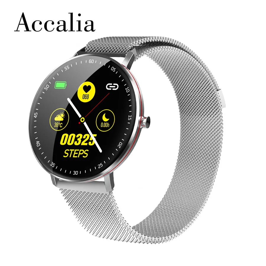 silver Accalia F19 Смарт-часы трекер активности сердечный ритм кровяное давление музыкальный контроль погоды полный экран сенсорный браслет - Цвет: silver