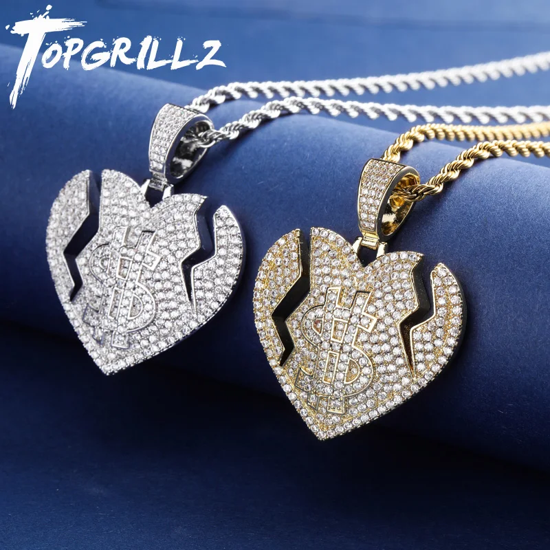 

TOPGRILLZ New Heartbroken Dollar Pendant Necklace With 4mm Tennis Chain Gold Silver Iced Out Cubic Zircon Hip Hop Rock Jewelry