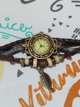 Relojes de pulsera Vintage para mujer y niña, pulsera con hoja, brazalete de cuero colgante, regalo
