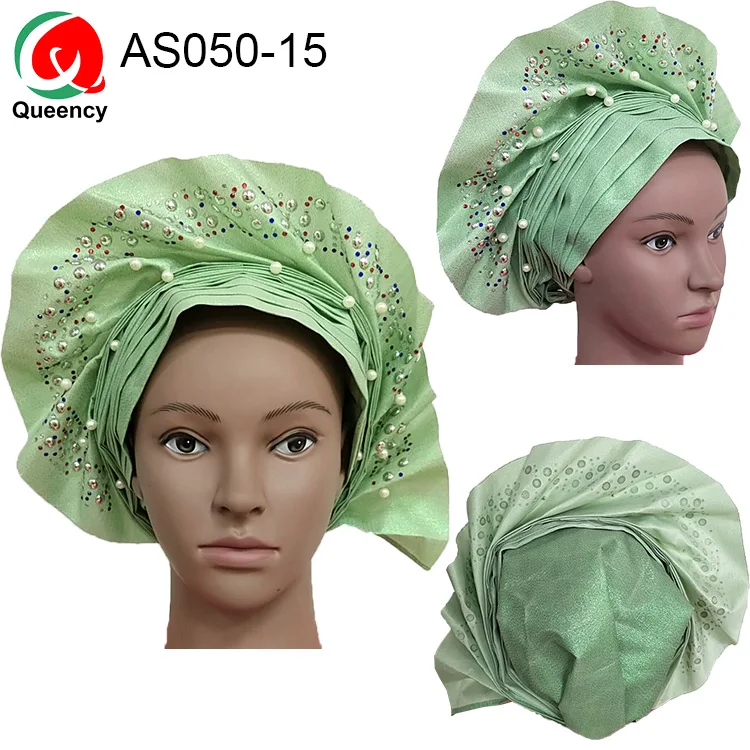 AS050 DHL-Good quality sego already made beads headtie nigeria women handmade auto hele with stones and beads for wedding - Цвет: AS050-15