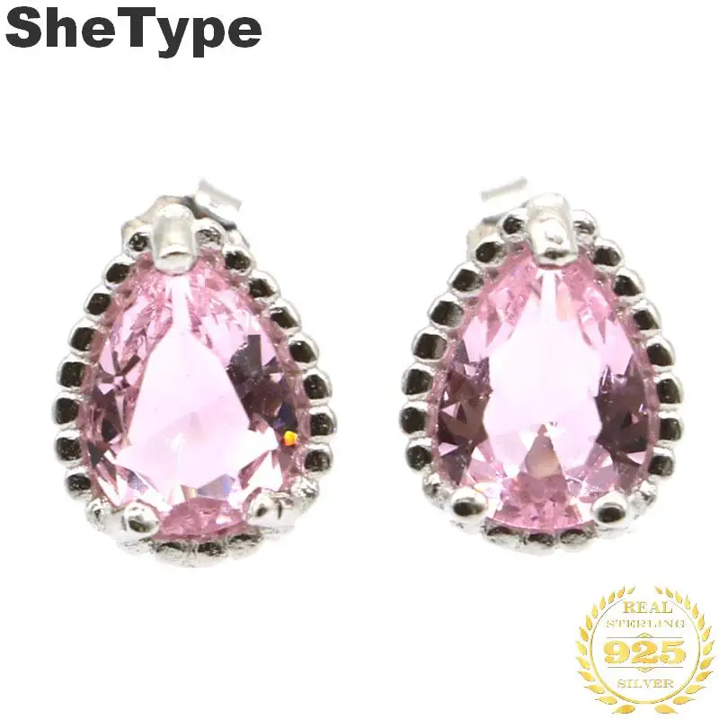 

10x8mm Romantic 2.1g Created Drop Shape Created Pink Kunzite Gift Girls 925 Solid Sterling Silver Stud Earrings