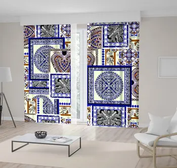 

Curtain Mosaic Style Patchwork Quilt Pattern Floral Motives Vintage Decorative Artwork Blue White Brown