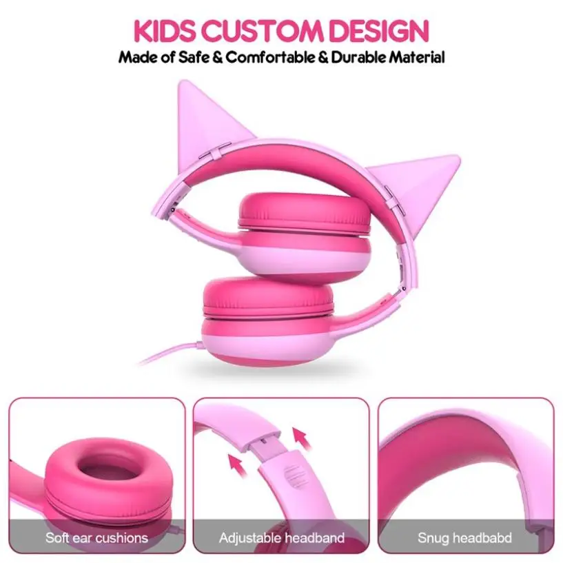 High Quality Kids Wired Headset Foldable Children Wired Headphones With Decorative Ears Limited Volume Earphones For Boys Girls