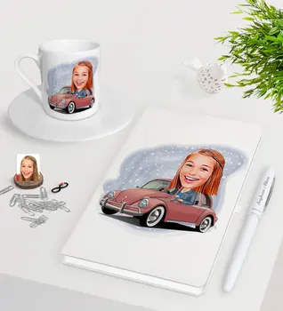 

Personalized Women 'S Drive Caricature Of White Notebook Pen Turkish Coffee Cup Seti-1