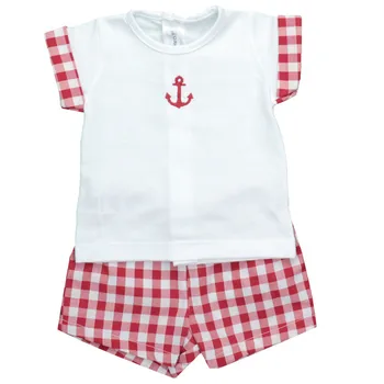 

Calamaro, Set white shirt with checked shorts for baby boy, 100% cotton, sizes: 1-24M, Summer baby clothes for boy.