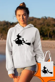 

Angemiel Wear Süpürgeye Overlapping Witch And Cat White Women 'S Hooded Sweatshirt Bags Kombin