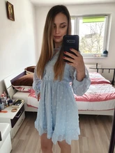 Las mujeres Rosa Vestido para damas apliques Vestido camisero de gasa de las mujeres cuello con volantes de manga larga cintura Mini Vestido de verano Vestido de