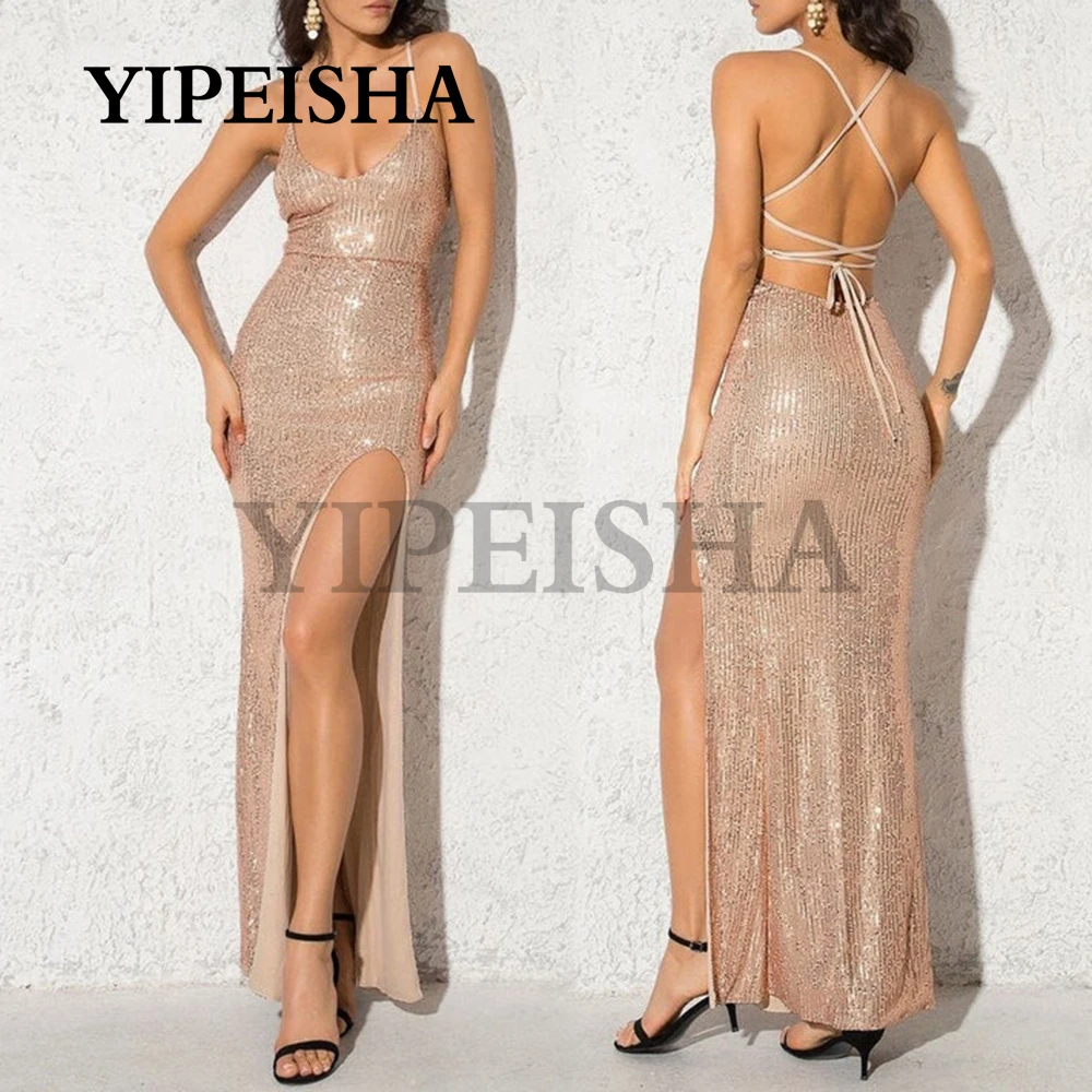 

Sexy V-Neck Front High Split Mermaid Evening Dresses Glittery Rose Gold Sequined Backless Prom Party Gown robes de soirée فساتين
