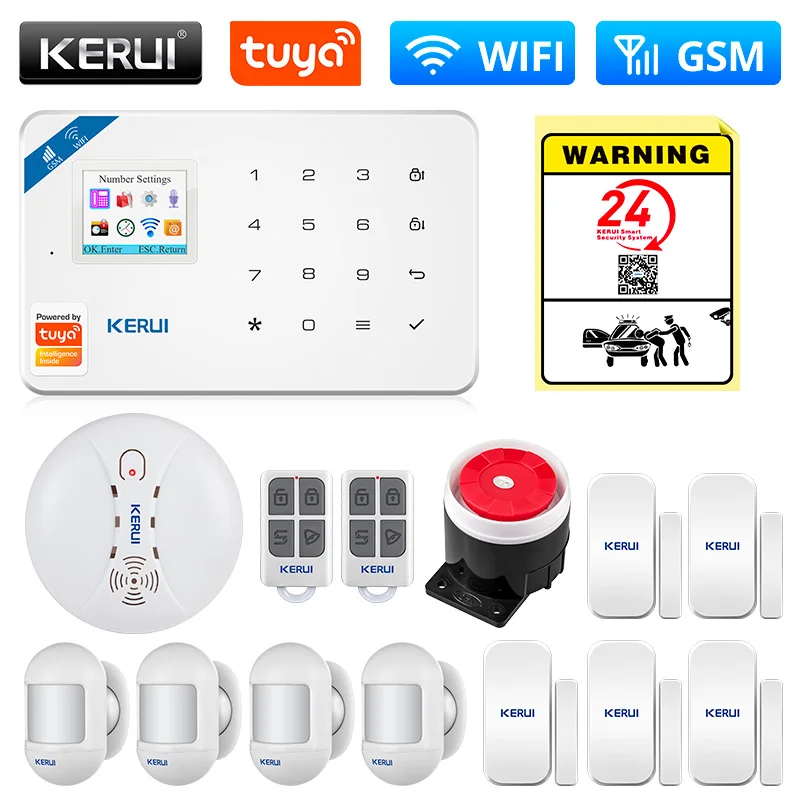 KERUI Tuya Smart WIFI GSM Security Alarm System Works With Alexa Home Burglar Motion Detector Smoke Door Window Sensor IP Camera elderly sos alarm Alarms & Sensors