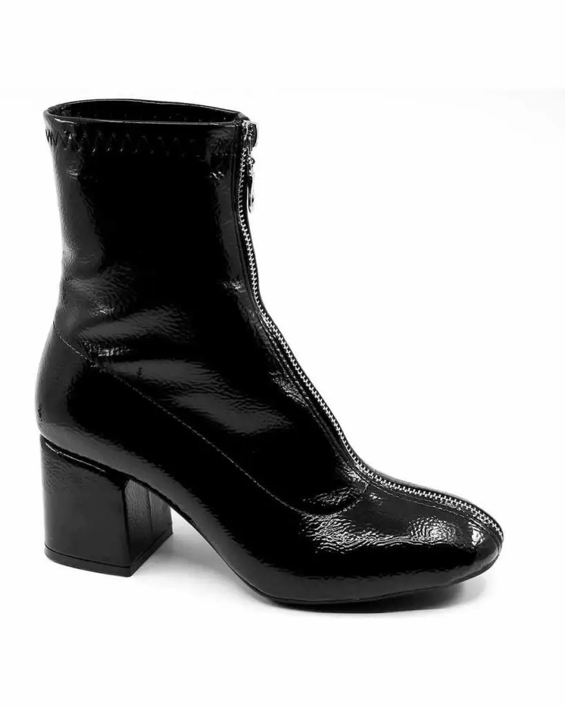 

Mosimoso Women's Ankle Height Boot Marlina Black Print Patent Leather Front Zip Heels Women Boots