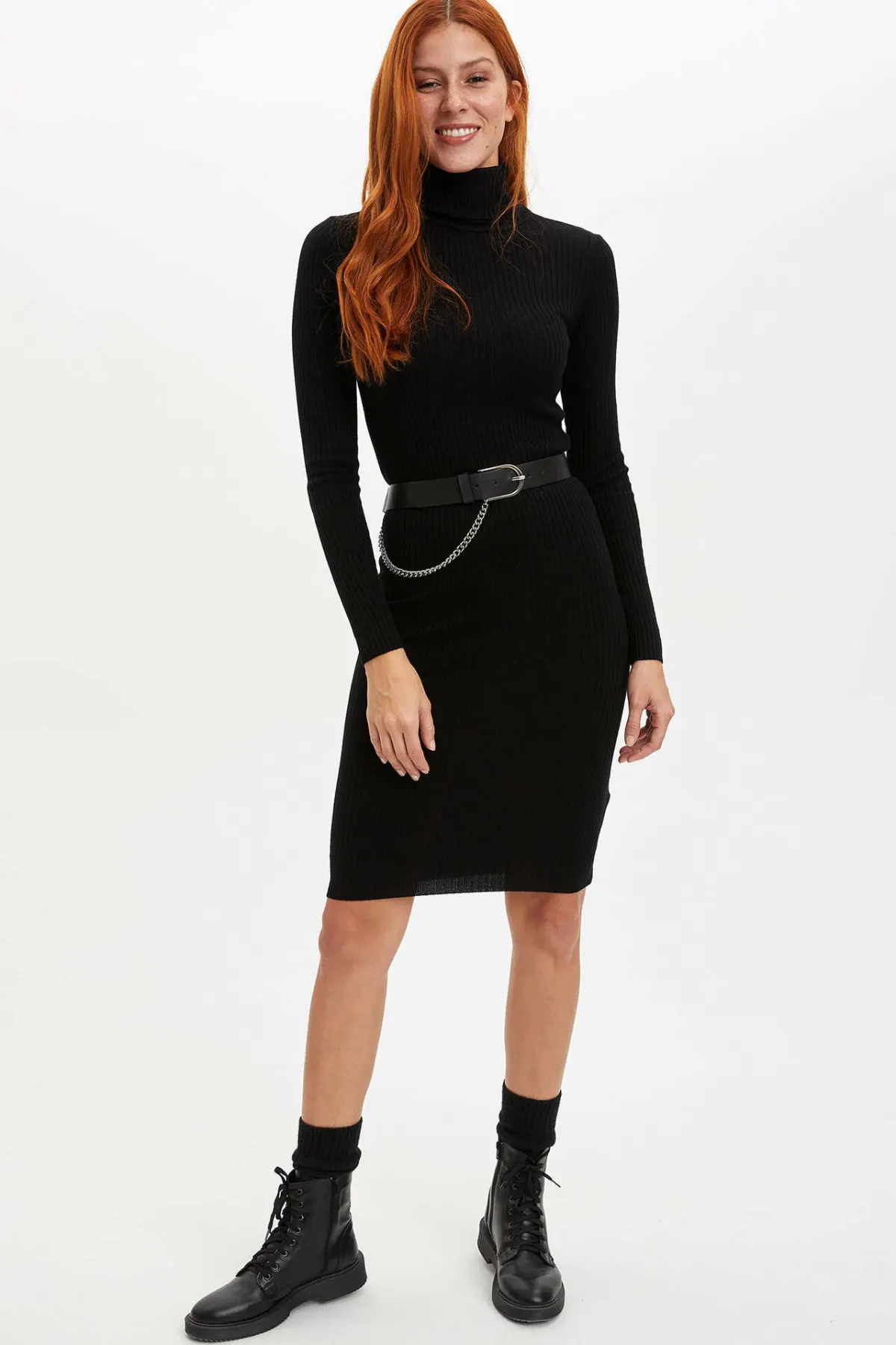 

DeFacto Woman Winter Black Knitted Long Dress Women Casual Fit Turtleneck Dress Lady Skinny Dresses-L9447AZ19WN