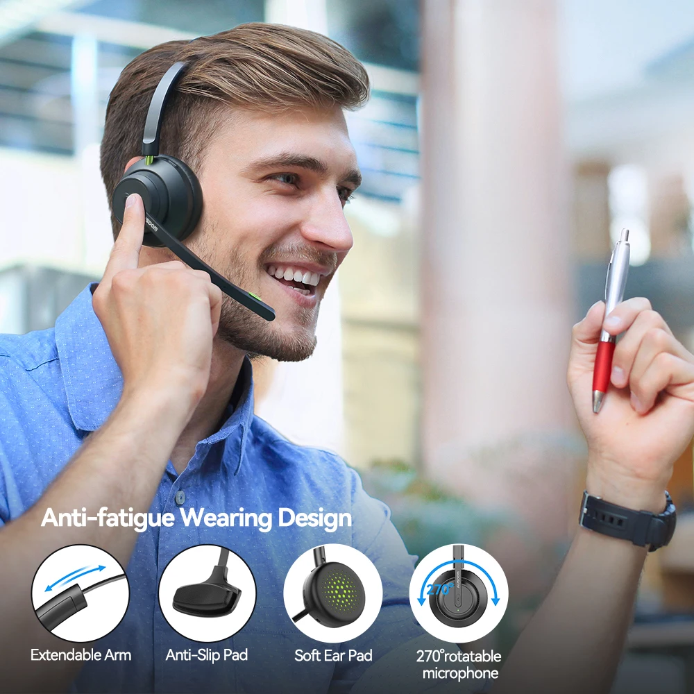 Ausdom A2301 V5.1 uc Fone de Ouvido sem Fio do Escritório de Redução de Ruído Mic 50hrs Talktime Telefone Driver Fones de Ouvido para Call Center - Imagem 6