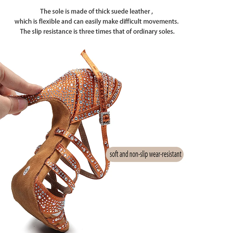 Woman Strappy Latin Ballroom Shoes Women Brown Balck Stain Silk Bachata Salsa Dancing Shoes for Girl Crystal Performance Shoes