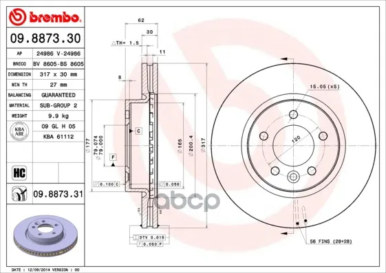 Диск Тормозной Передн Land Rover Discovery Iii 2.7 Td 04- Brembo арт. 09.8873.31