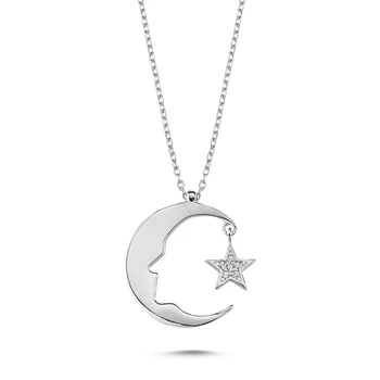 

KUTAYDAN Zircon Cubic Zirconia Moon Star & Ataturk Skyline Necklace 925 Sterling Silver