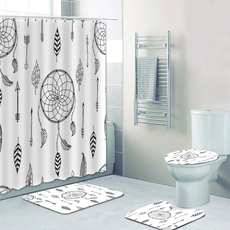 Dreamcatcher Pattern Bathroom Shower Curtain Rugs Bath Mat Toilet Cover Rug Sets 