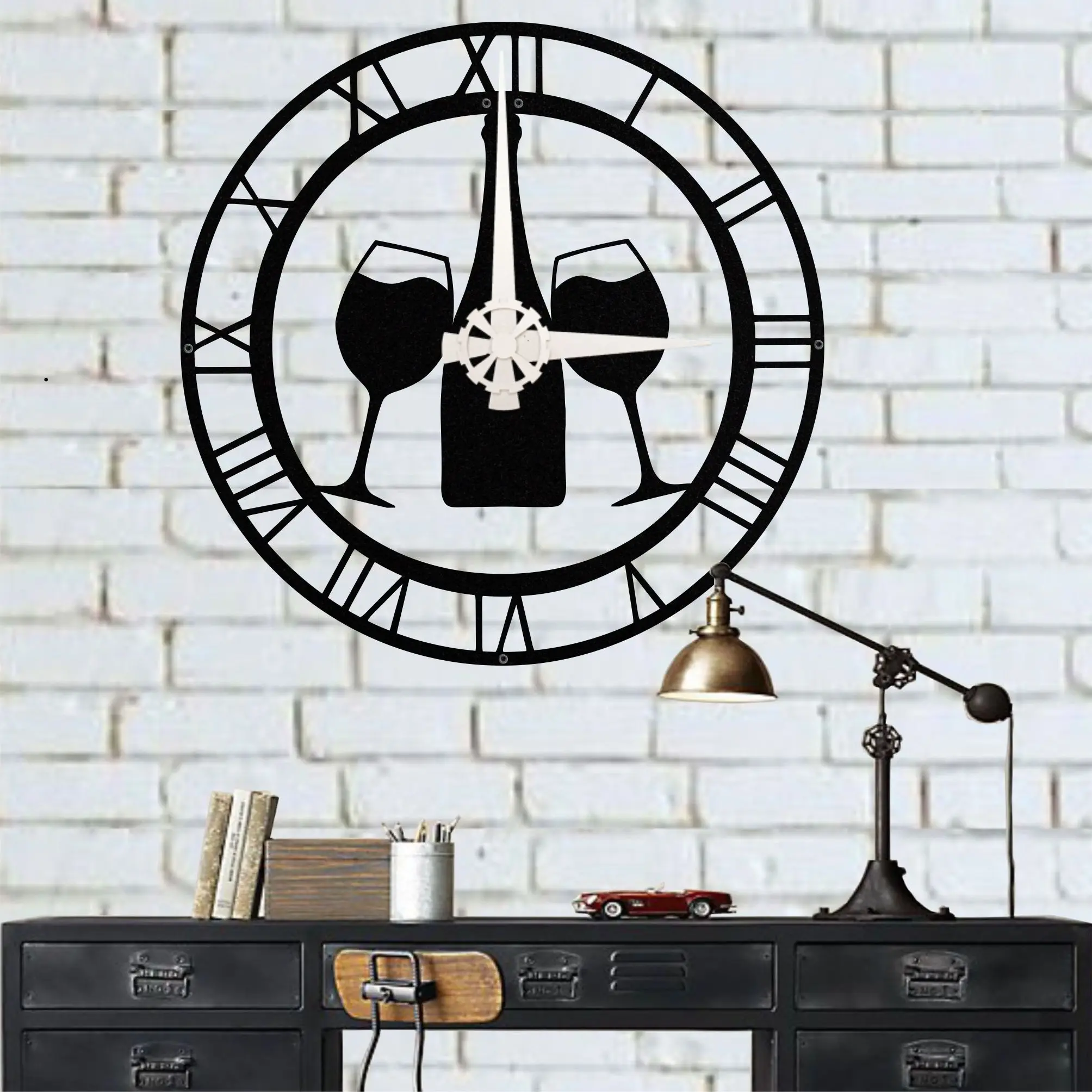 Metal Wall Clock, Wine Bottle And Glasses, Metal Wall Art, Metal Wall Decor, Bar Decor, Wine Bar