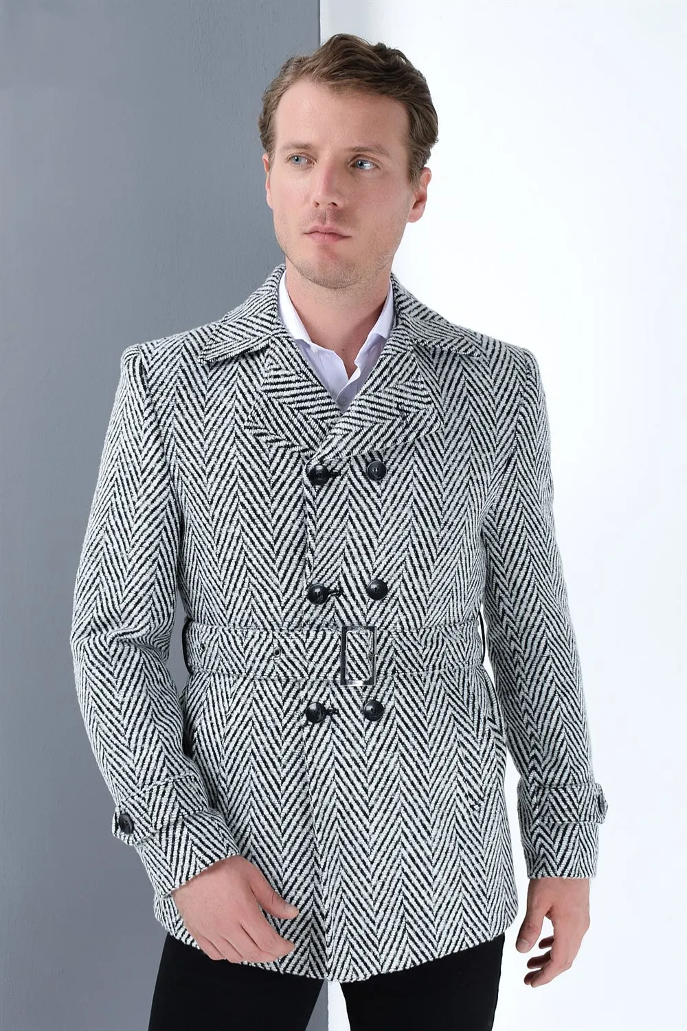 K7539 DEWBERRY SLIM-FIT OVERCOAT -PATTERNED BLACK | Мужская одежда