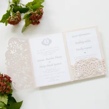 

50 or 100 cards Pack Elegant Peach Laser Cut Invitation Suite Trifold Wedding Invitations Free Printable Template Floral DIY KIT
