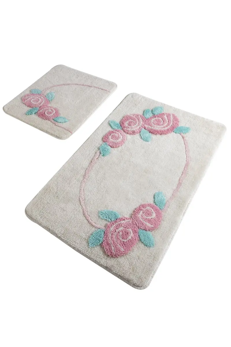 Bath Mats Non Slip Anti Mould Mats Non Slip Anti Mould Rosalind Ecru 2'Li Set 60X100 Cm- 50X60 Cm
