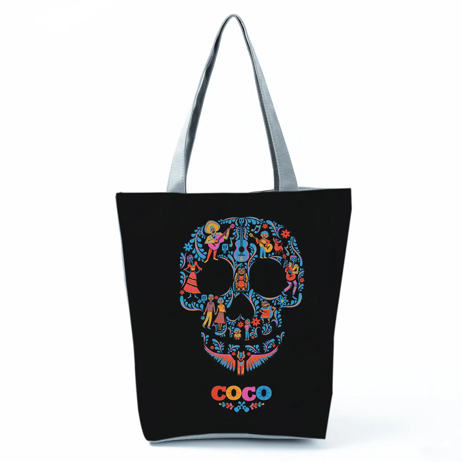 Disney Coco Printed Handbags Floral Skull Halloween Fashion Tote Women Shoulder Bag Eco Reusable Shopping Bag Custom Pattern